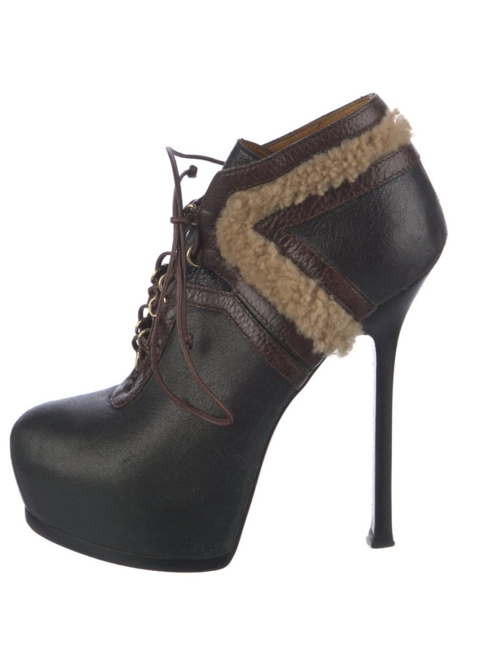 Yves Saint Laurent YSL Tribtoo Leather Shearling Lace Up Platform Boots